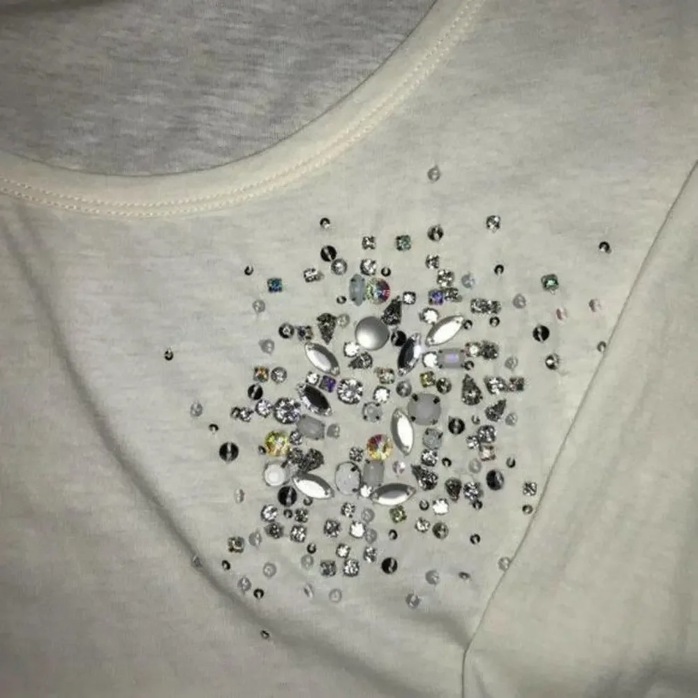 J Crew Soft Cream Top Cotton Comfy Scoop Neck Embellished Long Sleeves Medium